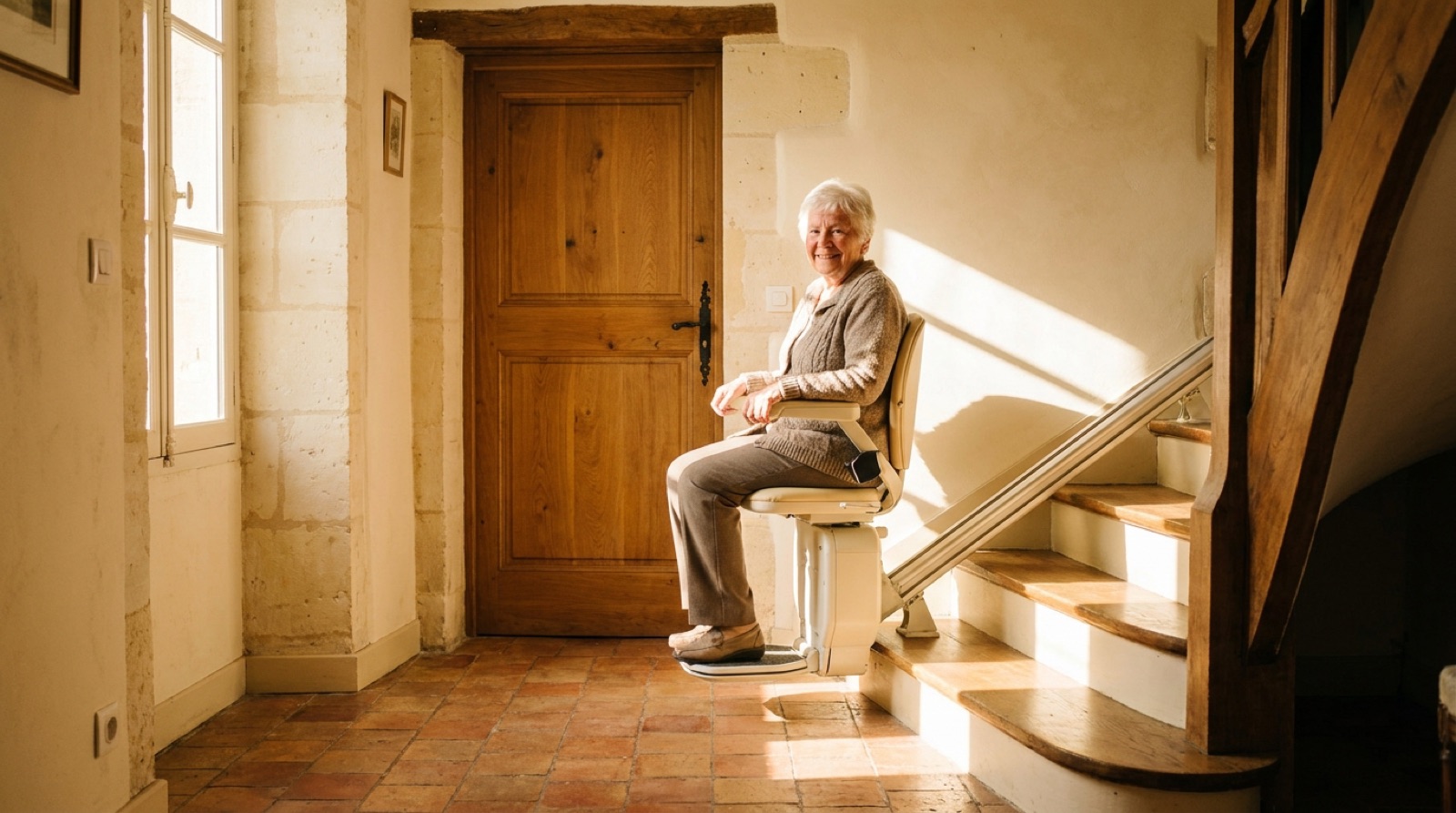 Femme âgée assise sur un monte-escalier dans l'entrée carrelée d'une maison de village