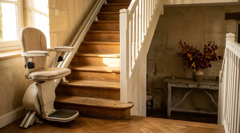 Monte-escalier droit au pied d'un escalier en chêne, siège déplié