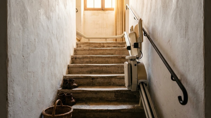 Monte-escalier compact à siège relevé dans une cage d'escalier étroite en pierre