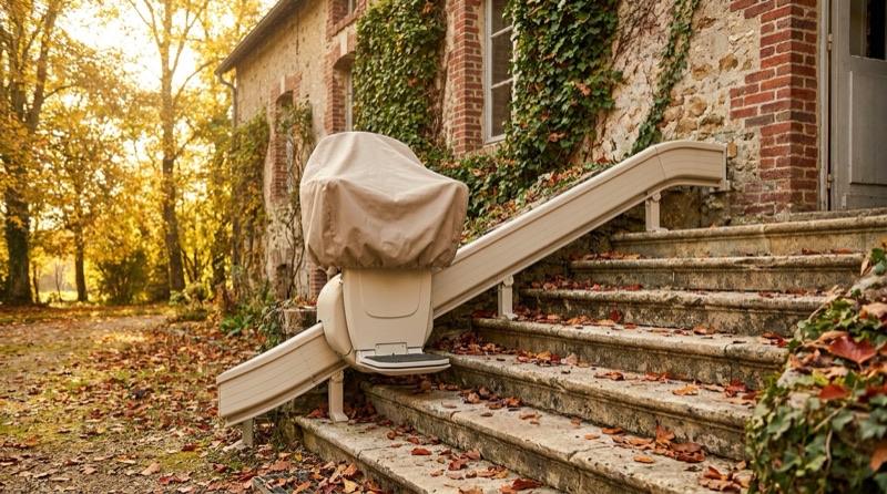 Monte-escalier extérieur avec housse le long de marches en pierre d'une maison en brique